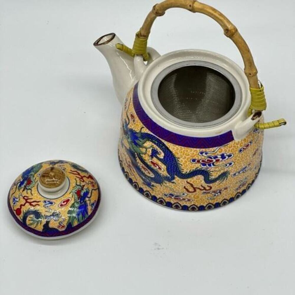 Traditional Textured Japanese Tea Set Teapot With Screen and bamboo handle